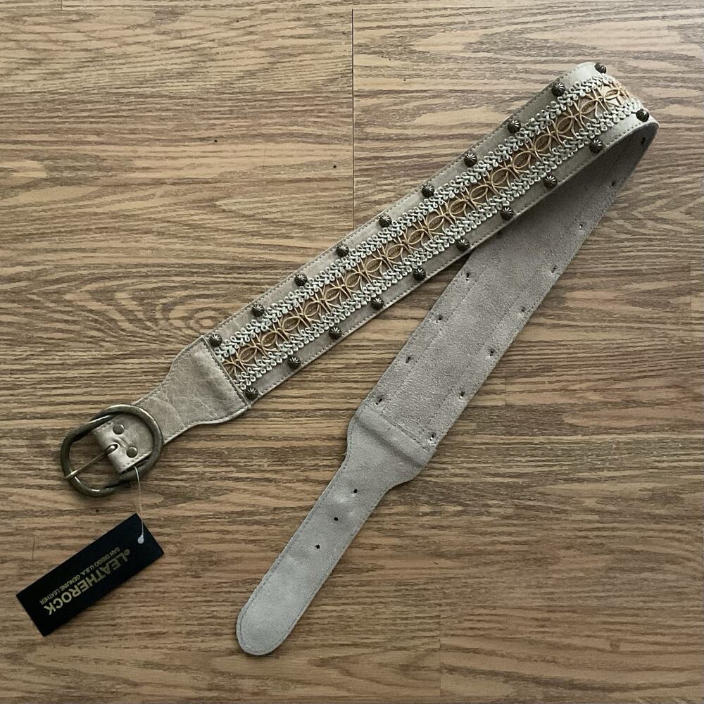 LeatheRock Belt Womens Brown Leather Studded Festival Deadstock Vintage Y2K USA